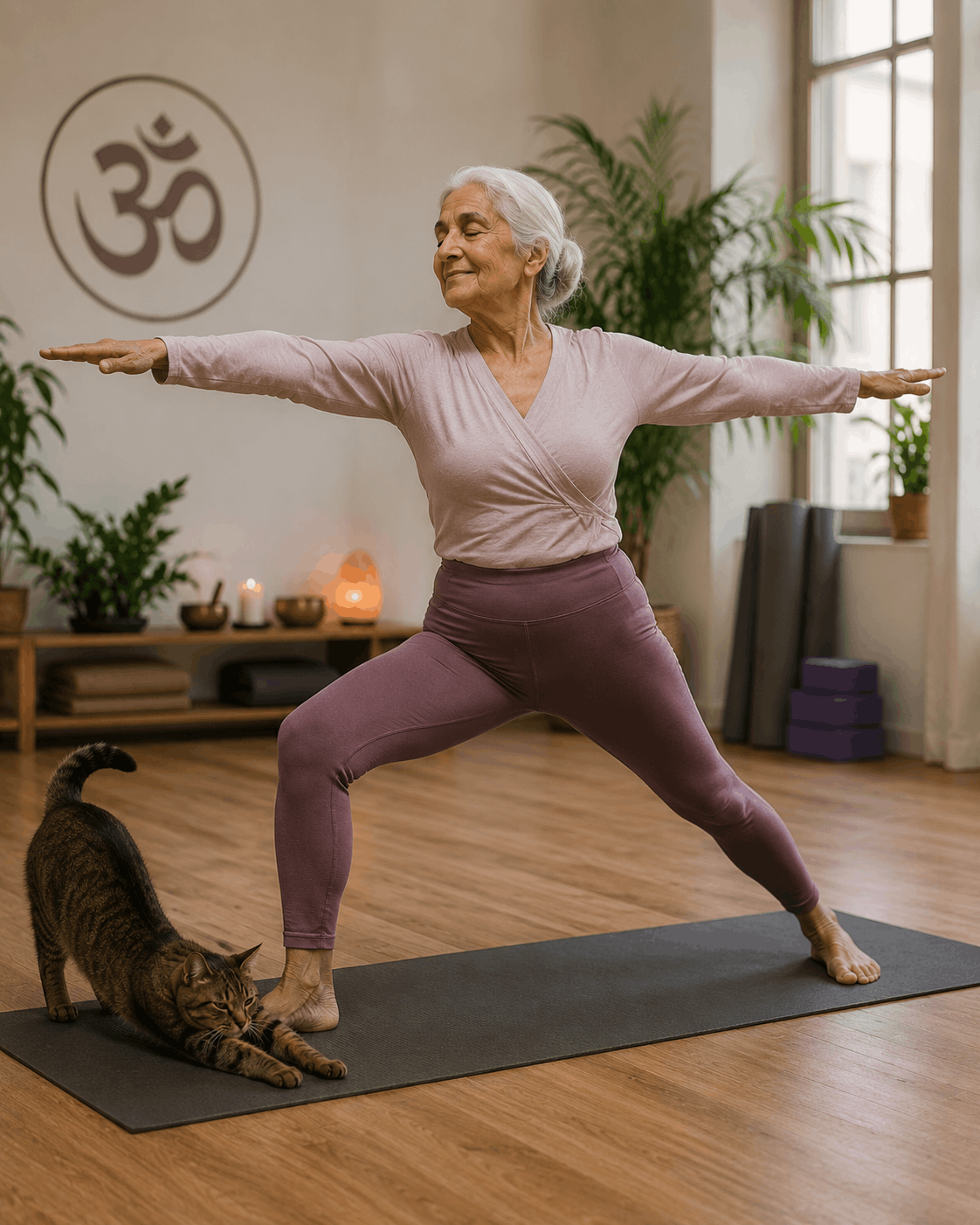 Eine Oma und Katze am dehnen auf einer Yoga Matter