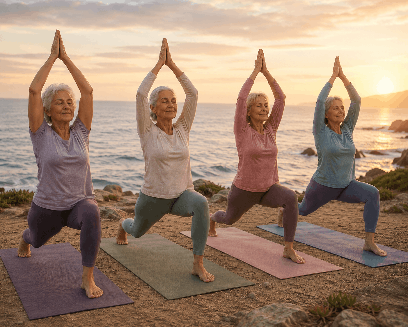 4 Omas in einer Gruppenyogaübung