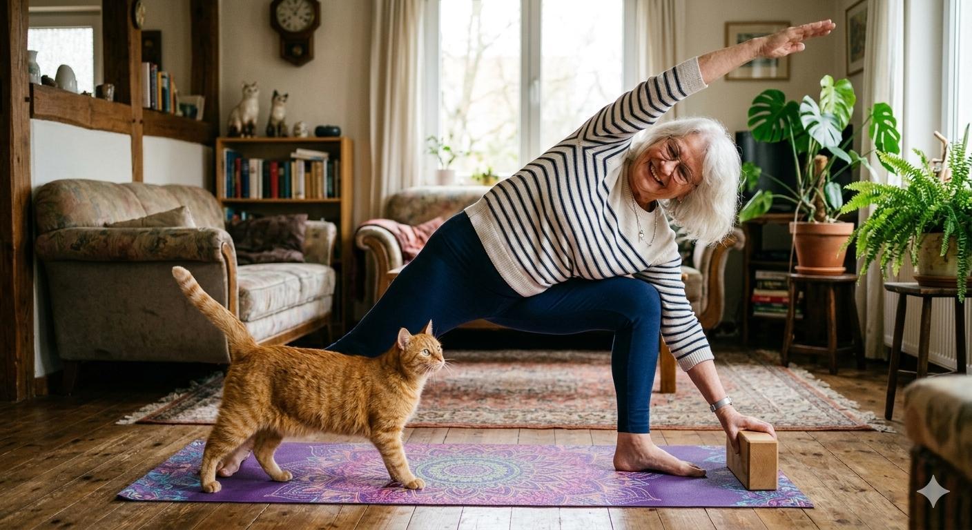 Oma in Yoga Position die die Gelenke streckt