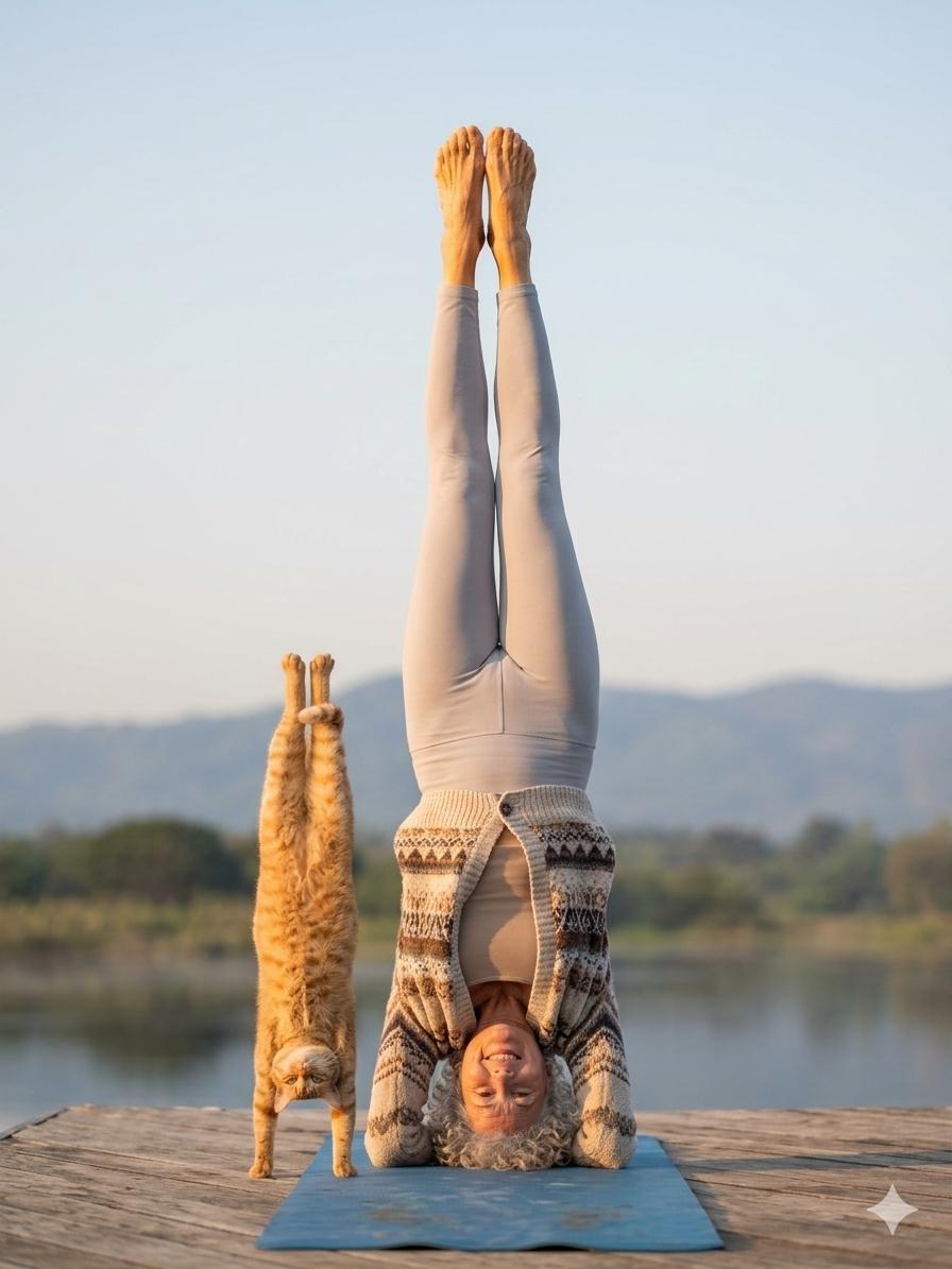 Oma und Katze in einer Handstandähnlichen Position