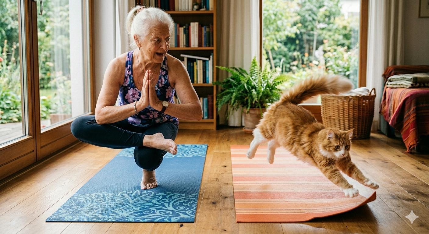 Eine Oma in einer Yoga Position während die Katze verspielt ist