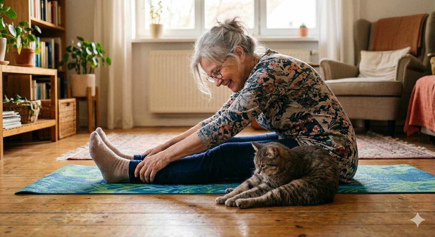 Eine Oma am strecken in vorbereitung auf Yoga
