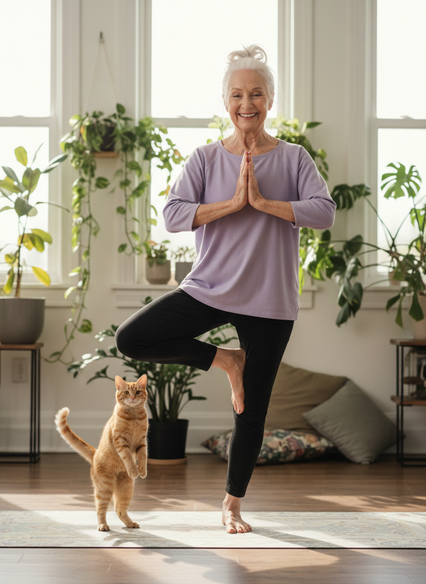 Oma in einer Yoga Pose auf einem Bein