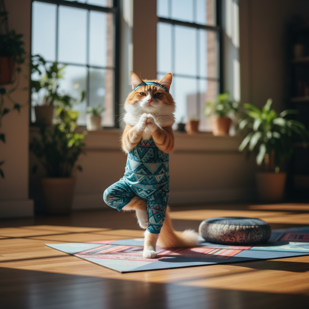 Eine katze auf einem Bein in einer Yoga Position